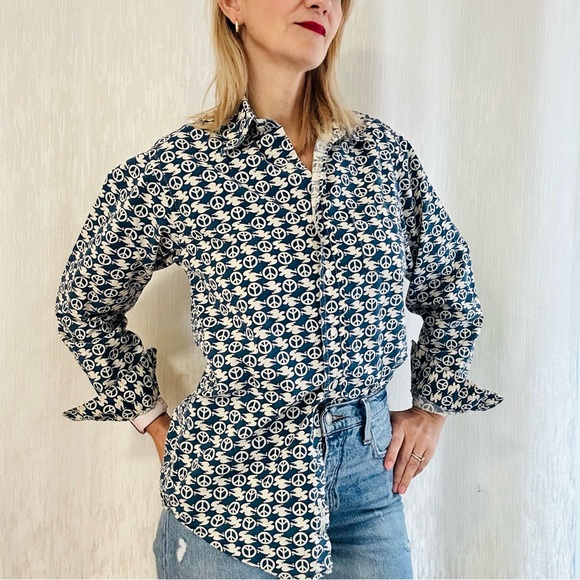 Lucky Brand peace sign ☮️ all over print cotton button down shirt - Picture 8 of 10